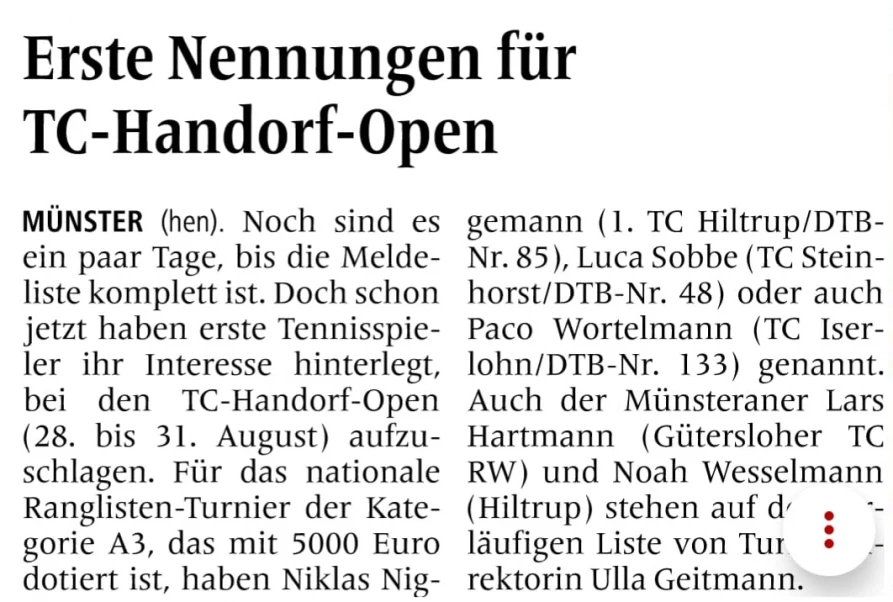 Meldeliste TC Handorf Open 2025 füllt sich